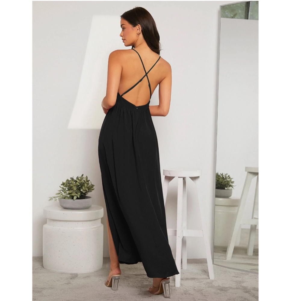 Deep V Backless High Leg Slit Maxi Dress in Black - Picture 3 of 14